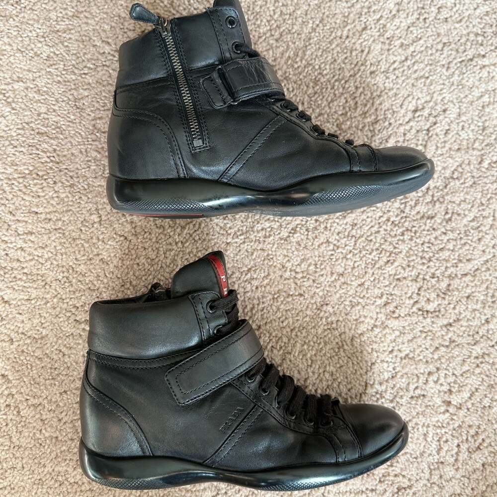 PRADA High-Top Black Soft Leather Sneakers Women’s Size 7 - Picture 5 of 10